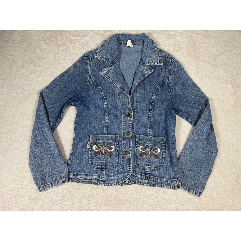 Via Rapida Denim Jacket Girls M Blue Embroidered Studded Y2K Boho Coat